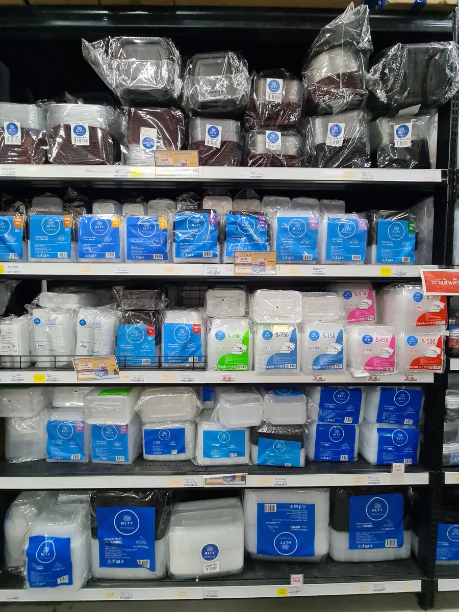 Clear and plastic takeaway food containers in varied sizes inside the store